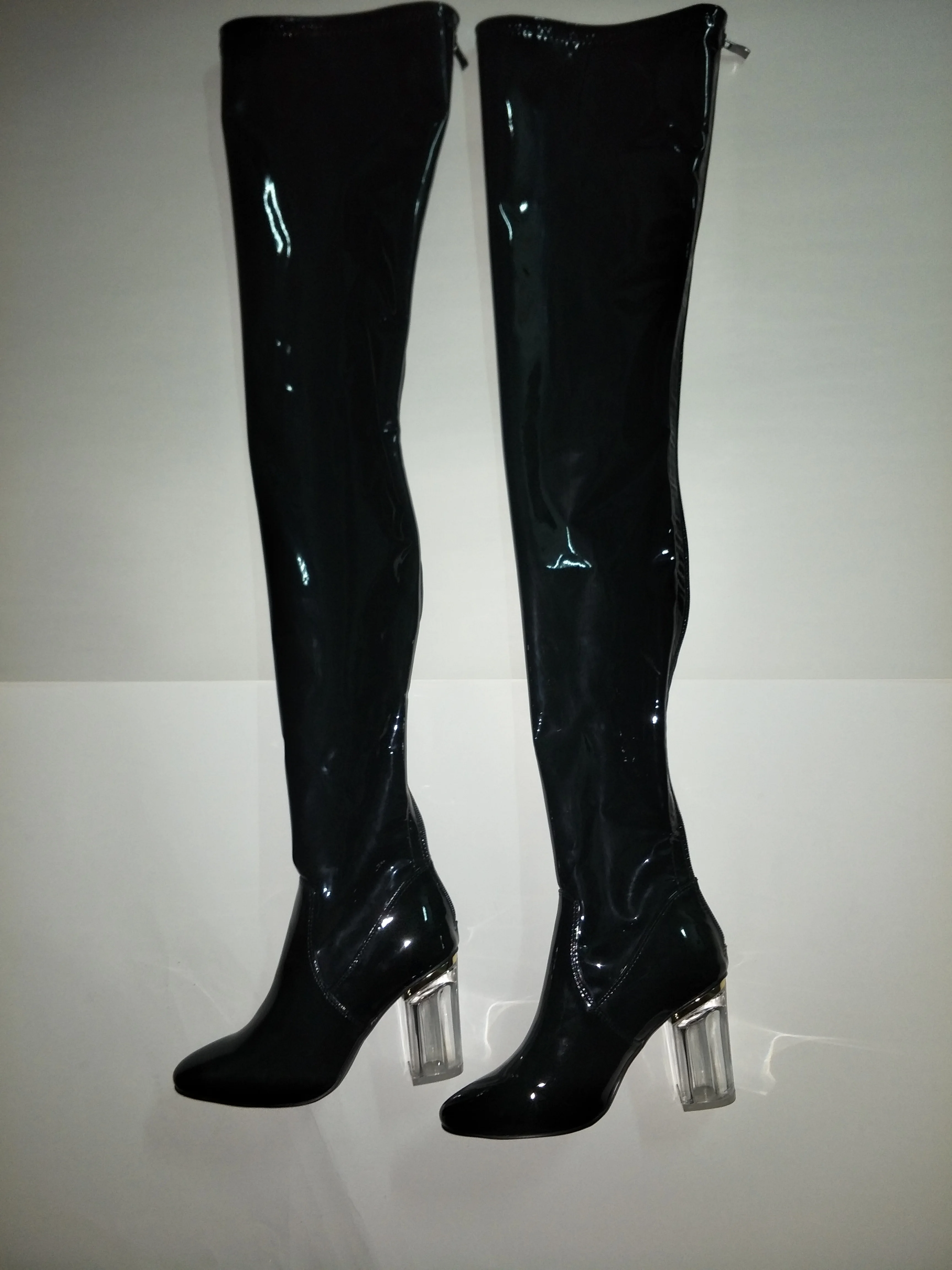 Clear Crystal High Heel Boots Patent Leather Over The Knee Boots Black Red Latex Sexy Slim Thigh High Party Long Botas