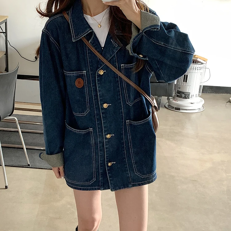 Women\'s casual Jean Coats 2021 autumn Women loose Vintage Blue Denim Jacket Long Sleeve Loose Female Girls Outwear coats (78518)