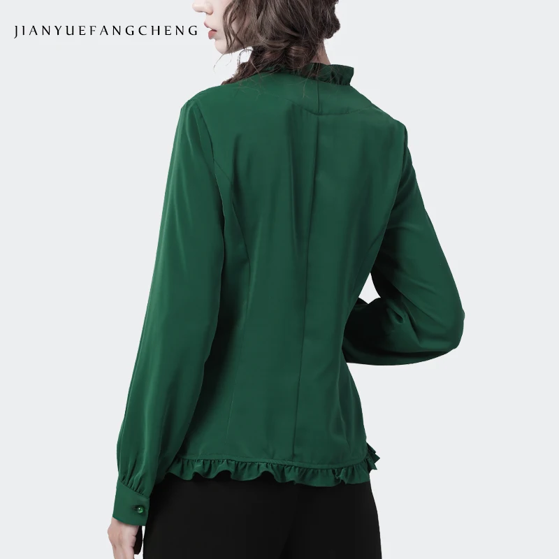 Vintage Embroidery Long Sleeve Women\' Shirt 2021 Autumn New Ruffled V-Neck Satin Top Dark Green Elegant Slim Tunic Blouses