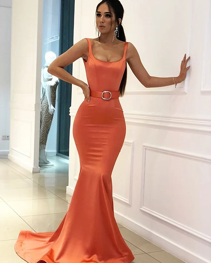 Oranje Avondjurk Mermaid Sweep Trein Satin Eenvoudige Elegante Spaghetti Strap Vierkante Hals Backless Prom Dress Вечернее Платье