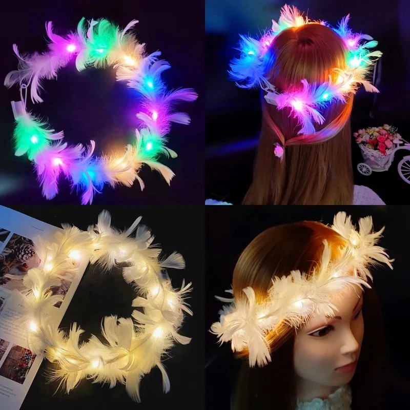 

10pcs LED Glow Angel Plush Feather Wreath Head Ring Headdress Party Girl Masquerade Costume Birthday Wedding