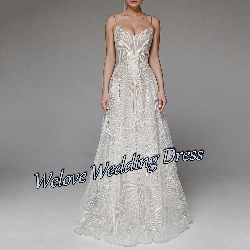 Luxus A-linie Tüll Hochzeit Kleider 2021 Bodenlangen Shinny V-ausschnitt Spaghetti-trägern Backless Custom Braut Party Kleider Vestidos