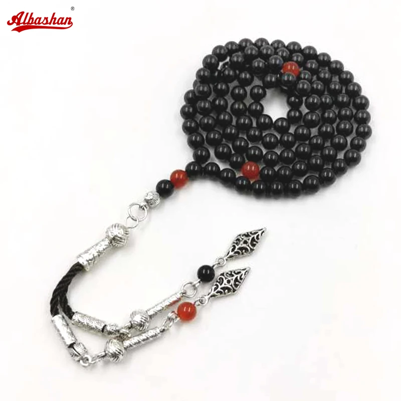 

Tasbih Natural Black agate stone 99beads 6mm with red agate muslim prayer beads islamic women jewelry necklace eid gift Misbaha