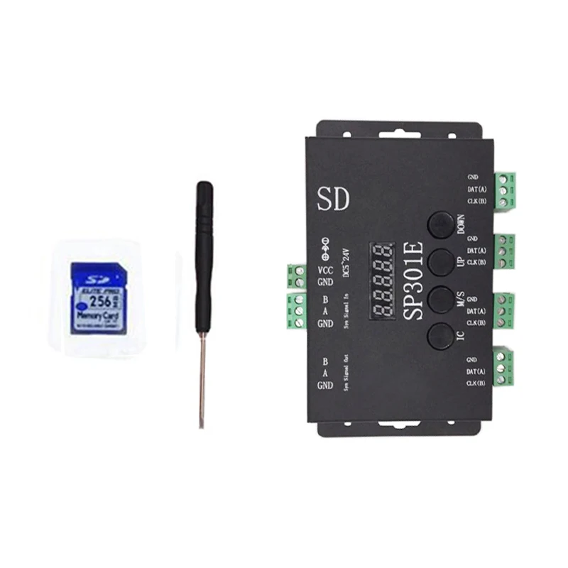 SP301E Programmable SD Card LED Controller Syn Signal out And In For WS2811 WS2812B SK6812 APA102 Pixel LED Strip Light DC5-24V