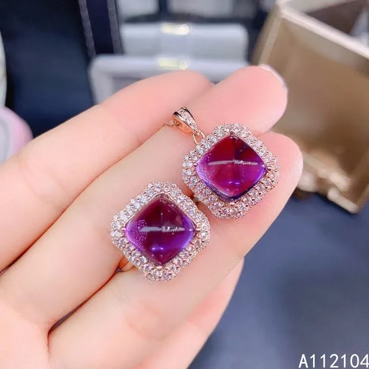 

KJJEAXCMY fine jewelry 925 sterling silver inlaid natural amethyst women trendy fresh Sugar tower ring pendant suit support dete