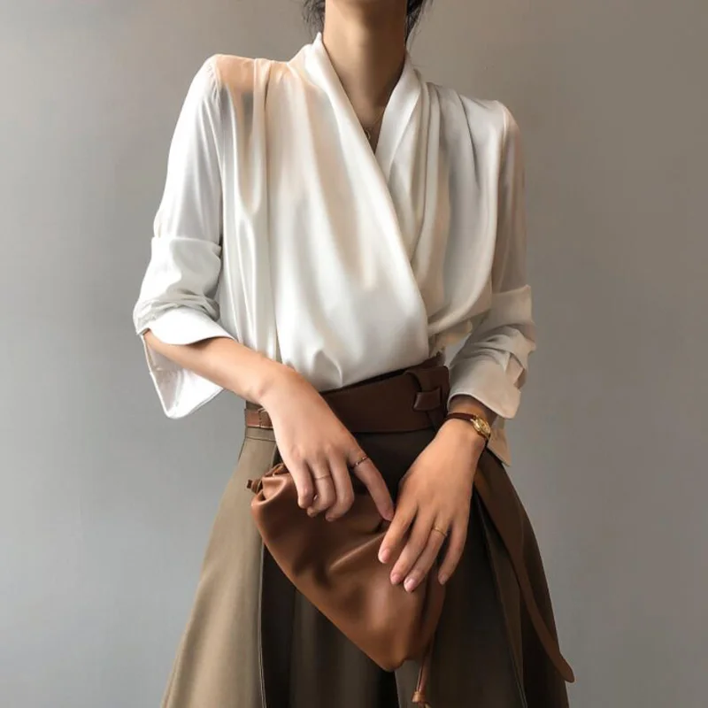 Elegant Women Satin Blouses Shirts Designer Ladies V-neck Shirts 2021 New Female Tops Fashion Office Lady Work Wear Clothes