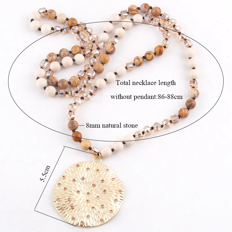 RH Fashion Bohemian Jewelry Natural Stones With Glass Links Crystal Round Pendant Necklaces For Women Boho Gift