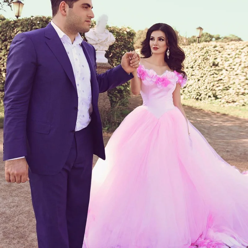 Customized Pink Quinceanera Dresses Princess Cinderella With 3D Flower Off The Shoulder Elegant Tulle Party Gown Sweet 16 Dress