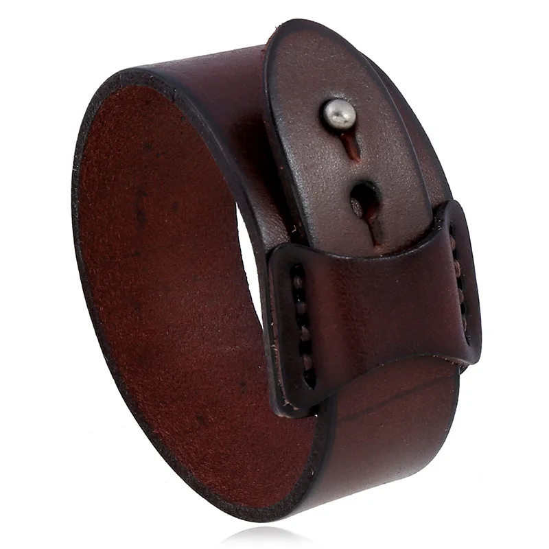 Vintage Genuine Leather Wide Cuff Men\'s Bracelet Punk Hiphop Ornament Bangle Male Wristband Jewelry Accessories Gift