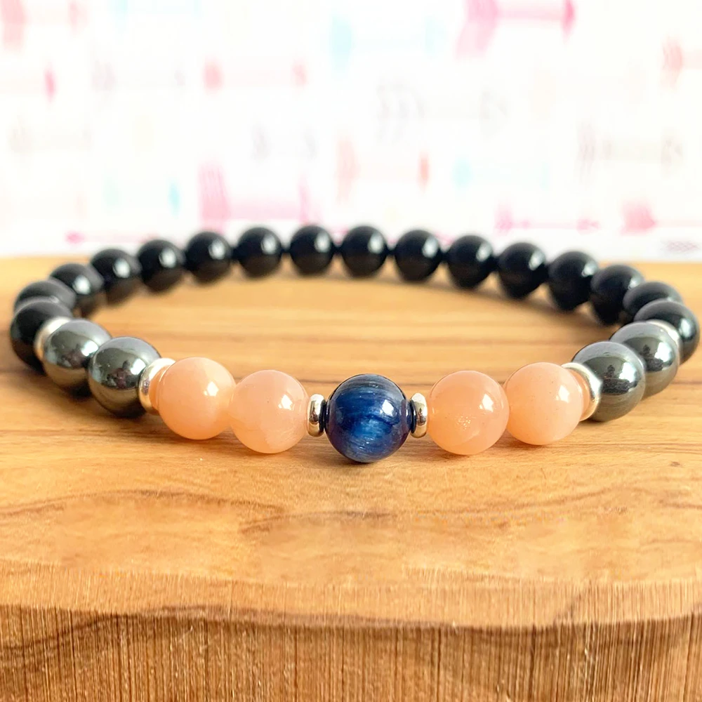 Ruberthen AAA Grade Blue Kyanite Bracelet Sunstone Hematite Black Tourmaline Wrist Mala Negative Energy Protection Bracelet