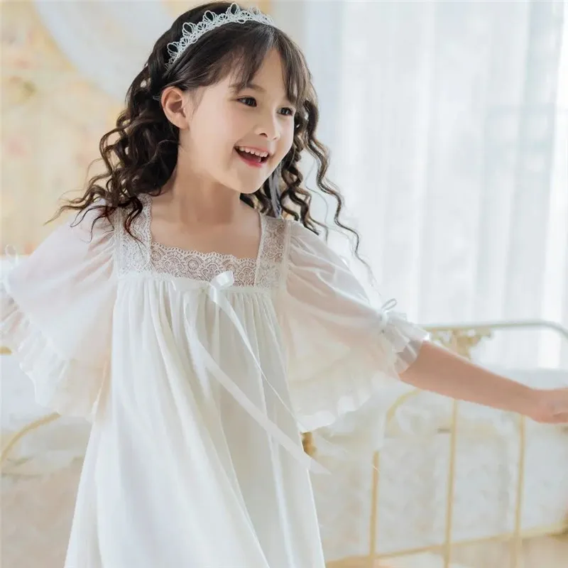 Solid Color Summer Thin Baby Girl Nightdress Short-sleeved Children\'s Nightdress Princess Style Girl\'s Lace Mesh Pajamas