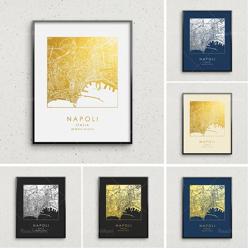 

Naples printed square map, Naples frescoes, Naples street map, Naples tourist map, Italy, GoldenGraphy