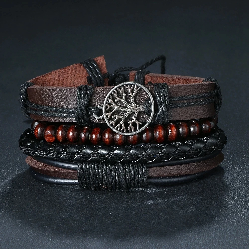 Vintage Black Color Braided Wrap Leather Bracelets for Men Vintage Life Tree Rudder Charm Wood Beads Ethnic Tribal Wristbands