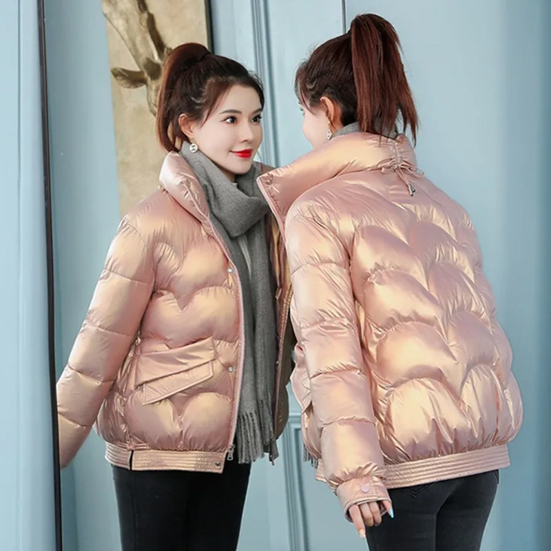 UHYTGF Winter Down Coats Women Short Coat Outerwear Shiny Cotton Clothes Fashion Parkas Jacket Female Overcoat Manteau Femme 996