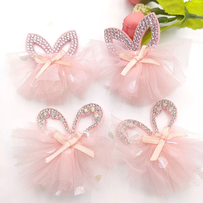 10Pcs/Lot Multi Styles Heart Padded Appliques With Mesh Skirt And Ball Decoration For Children Headwear Hair Clip Accessories