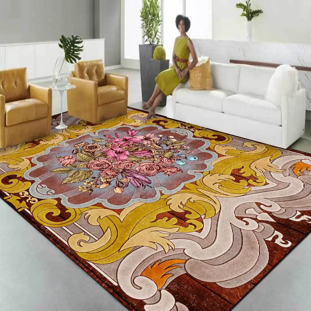 

European Style Bedroom Bedside Area Rugs Classical Flower Print Living Room Sofa Table Non-Slip Floor Mat Hallway Bath Carpets