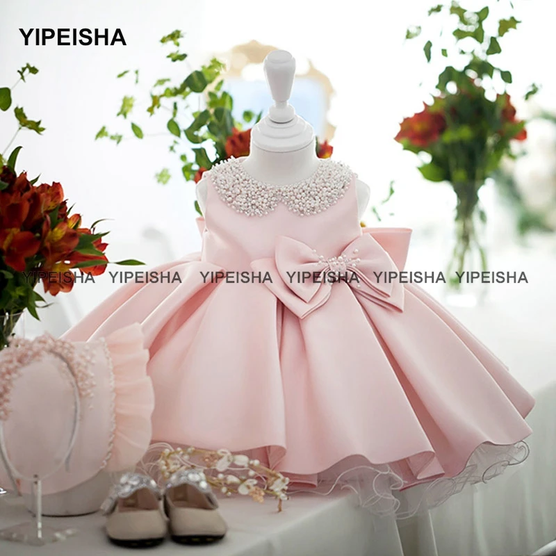 Yipeisha vestidos de meninas flores com pérolas, vestido de princesa de primeira comunhão sagrada para desfile com laço rosa, vestido de festa para bebê