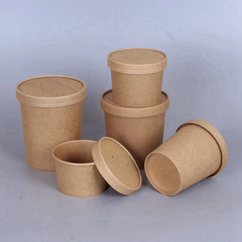 

500 Pcs Disposable Kraft Paper Bowl Disposable Cups with Cover Paper Lunch Box Dessert Cake Bowls Party Supplies