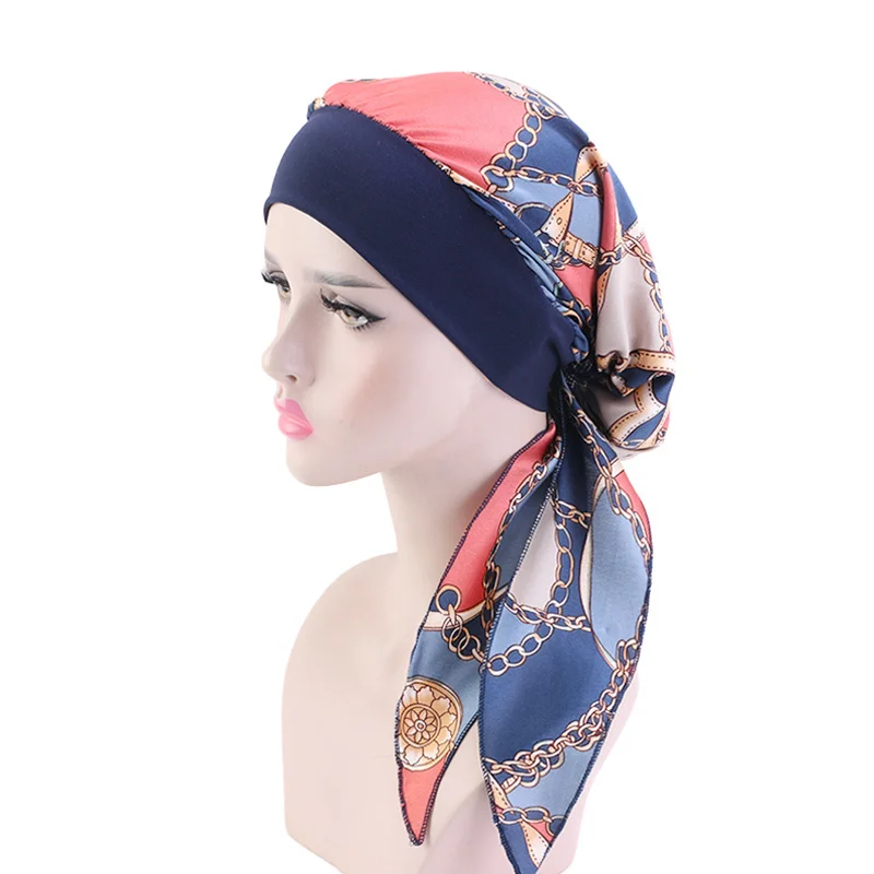 Solid Color Pre-tie Printed Turban For Women Wide Band Beanies Female Stretch Bandana Headwear Night Sleep Hats Cancer Chemo Cap