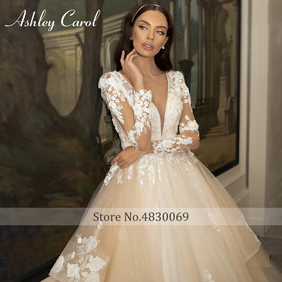 Ashley Carol Luxury Wedding Dresses For Women Glamorous Princess V-Neckline Appliques Wedding Gown Vestidos De Novia