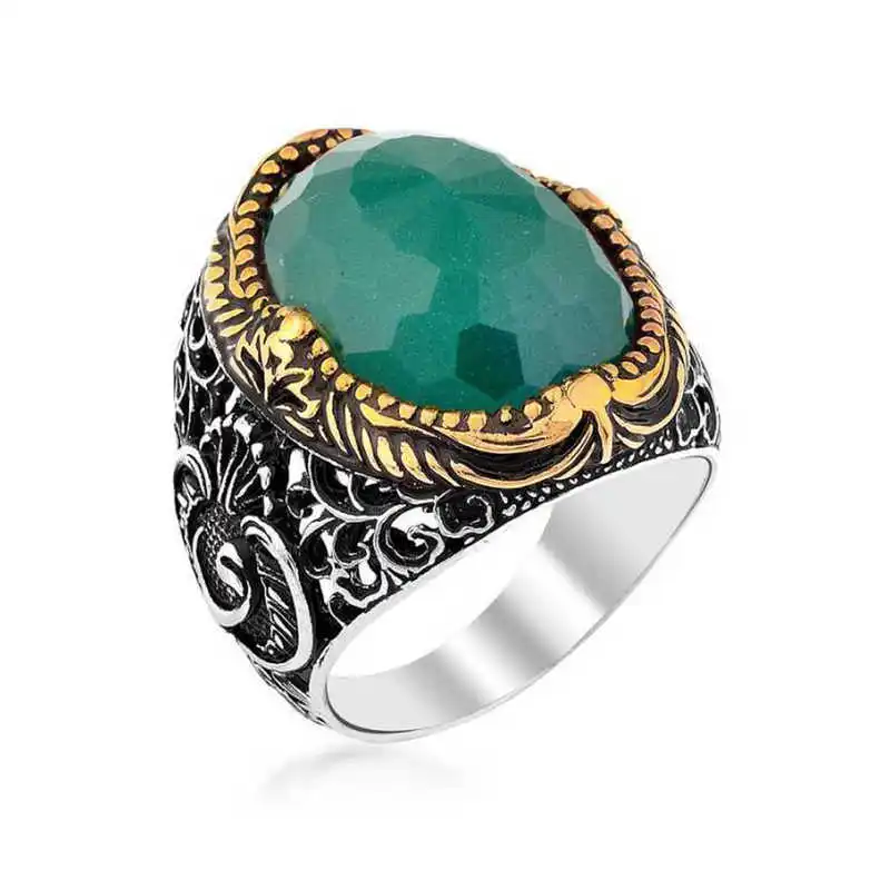 Silver Green Zircon Stone Men's Ring - 925 Sterling Men's Jewelry Wedding Birthday Gift - Box - Zircon Stone - Men - Fashion - Botiva - Size - Turkish - Patterned Embroidery