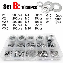 560/1040pcs M1.6 M2 M2.5 M3 M3.5 M4 M5 M6 M8 M10 M12 M14 M16 304 Stainless Steel Flat Washer Assortment Kit Plain Gasket Box Set