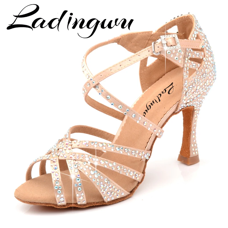 Ladingwu Dance Shoes Satin Women Party Shining Rhinestones Soft Bottom Latin Dance Shoes Woman Salsa Dance Shoes Heel 6CM-10CM