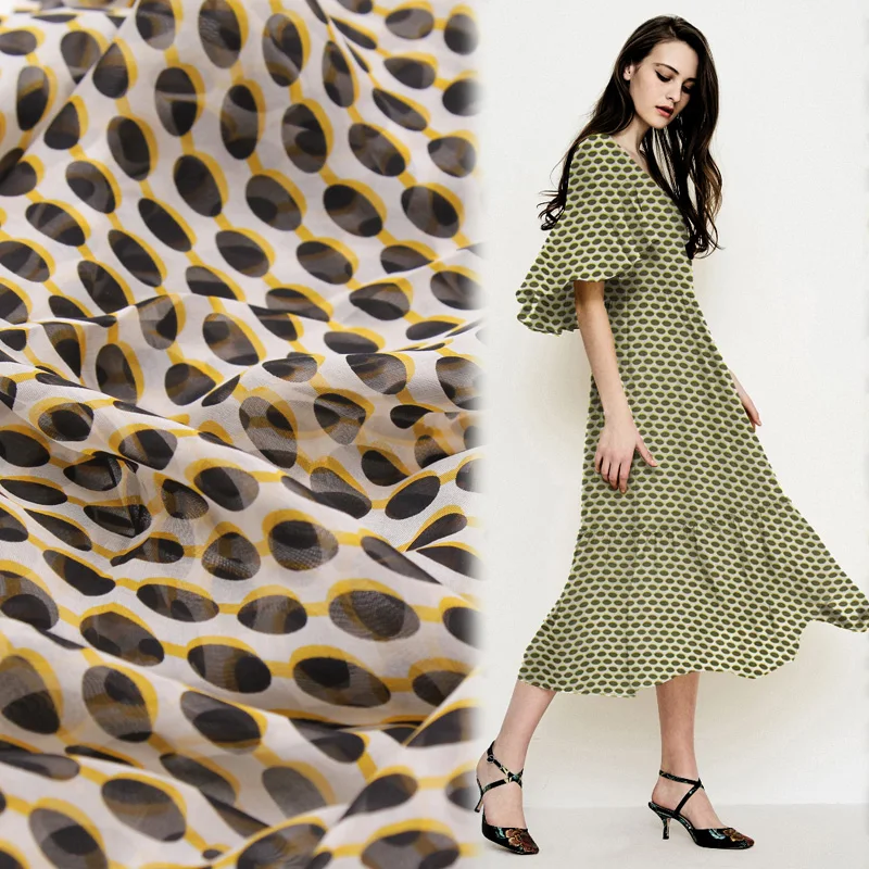 Black and yellow polka dot print pure silk chiffon fabric natural silk fabric soft,SCF159