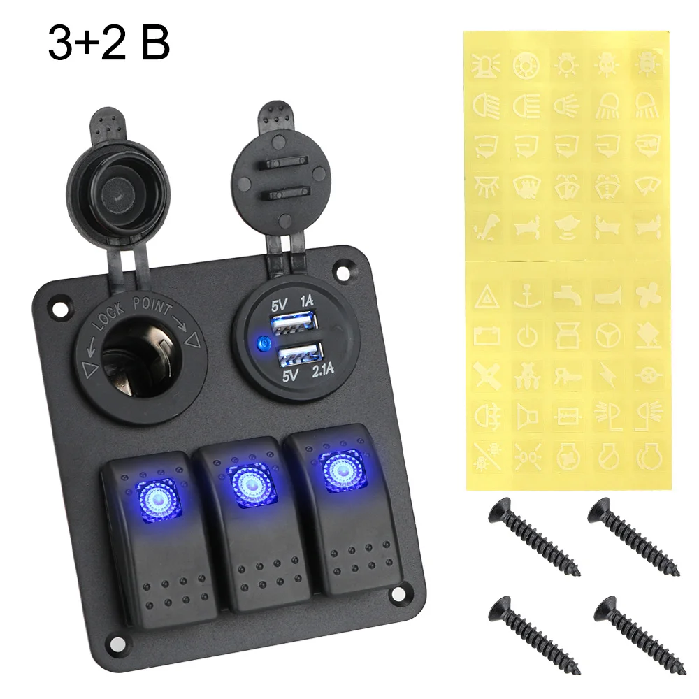 Digital Voltmeter Dual USB Port Outlet Combination Waterproof Boat Car Switch Panel Marine Rocker Switch Panel 2/3 Gang