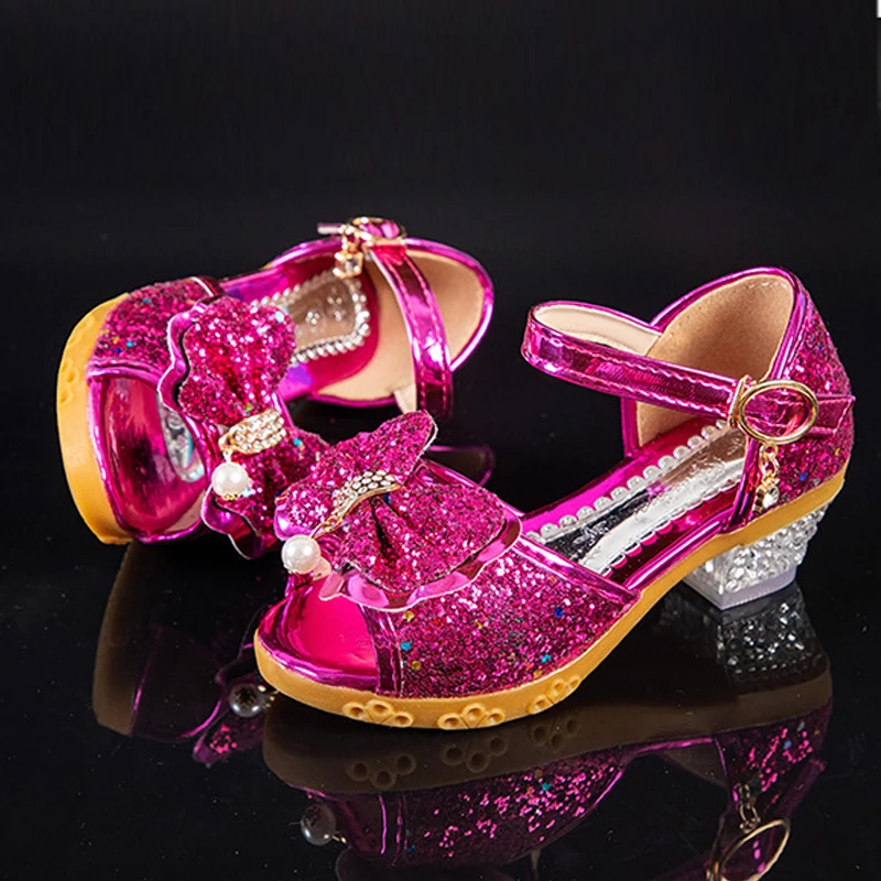 Crianças sapatos 2020 novo outono casual glitter bowknot crianças de salto alto meninas sapatos moda princesa dança festa sandálias