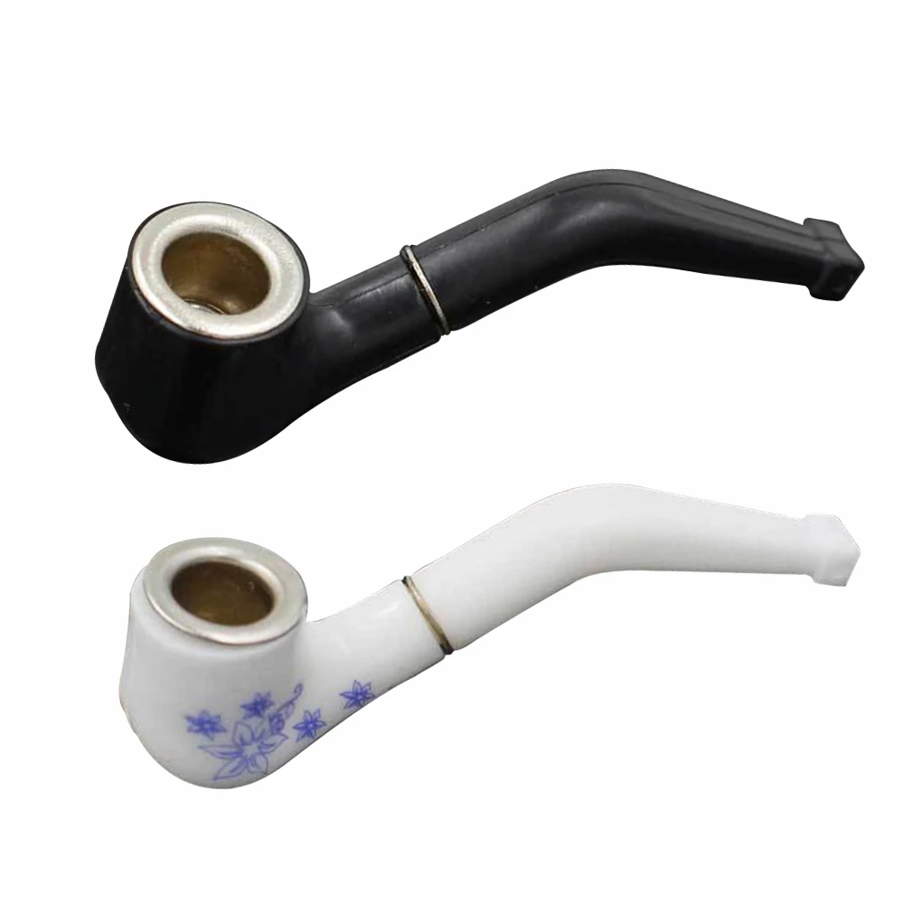 Handheld Mini Tobacco Pipe Retro Blue White Pattern Smoking Pipe Resin Bent Pipe Cigarette Holder Filter For Beginner Smoke Tool