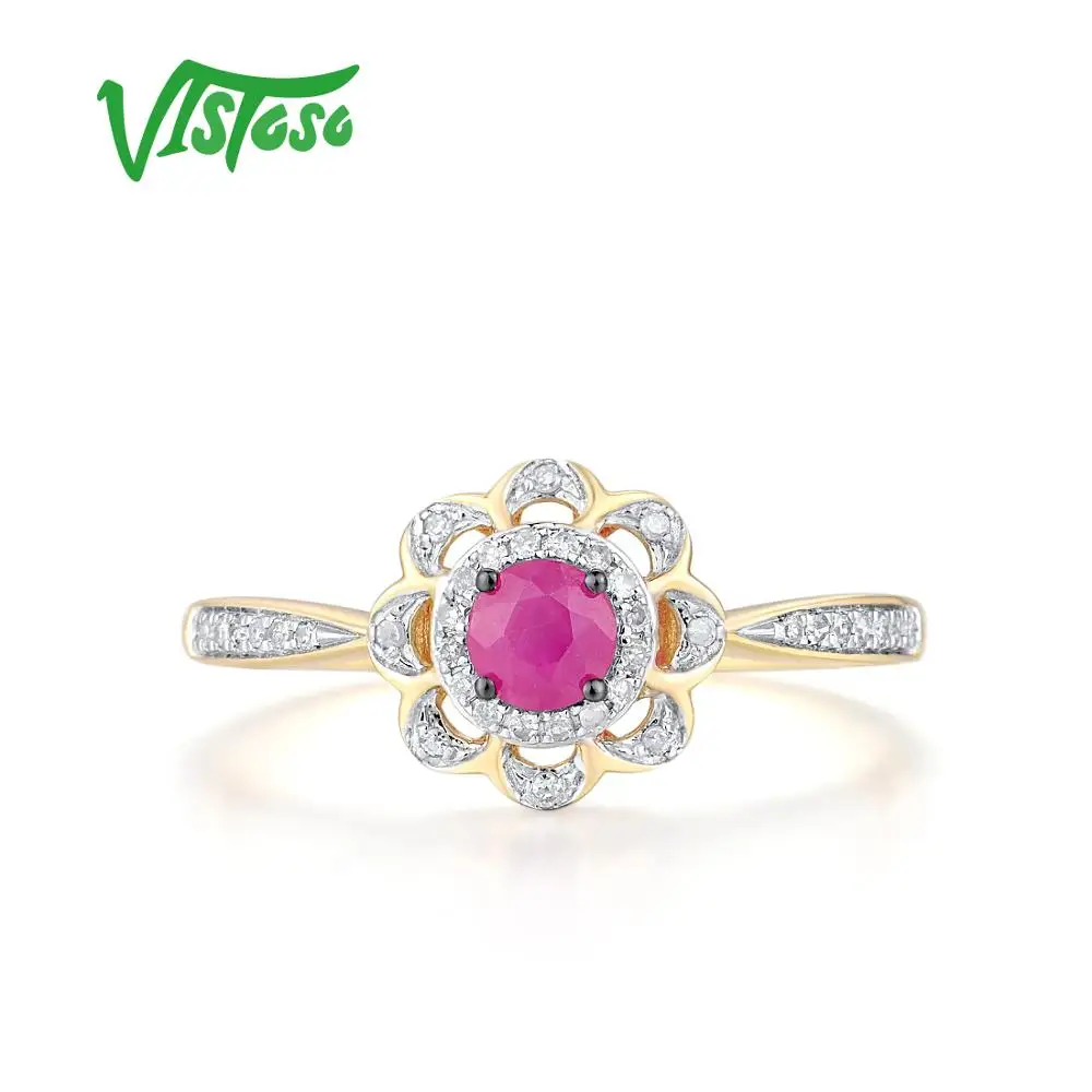 VISTOSO Genuine 14K 585 Yellow Gold Round Ruby Shiny Diamond Flower Ring For Lady Wedding Engagement Anniversary Fine Jewelry