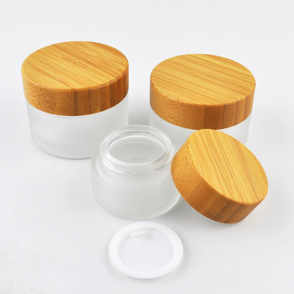 

105pcs 50g Frosted Glass Cosmetic Cream Container DIY Mask Jars with Bamboo Lids Eye Cream Refillable Case makeup Packaging