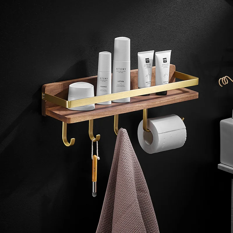 Bathroom Shelf Walnut Soap Cosmetic Shower Shampoo Rack With Hooks Nail Punched Towel Bar Organizer Holder Wall Mounted