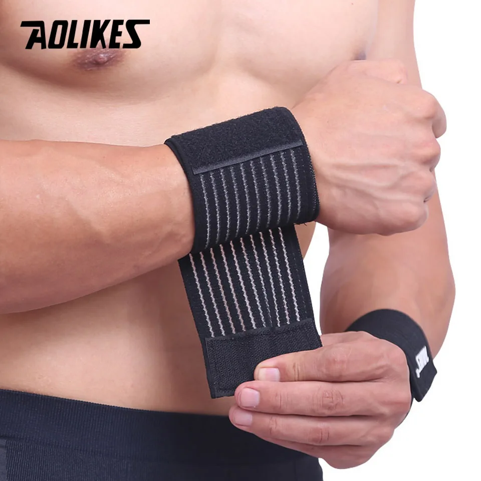 AOLIKES 1PCS ผ้าพันแผลกีฬายืดหยุ่นสายรัดข้อมือ Gym สนับสนุนสายรัดข้อมือเทนนิสผ้าฝ้าย Weat ฟิตเนส Powerlifting