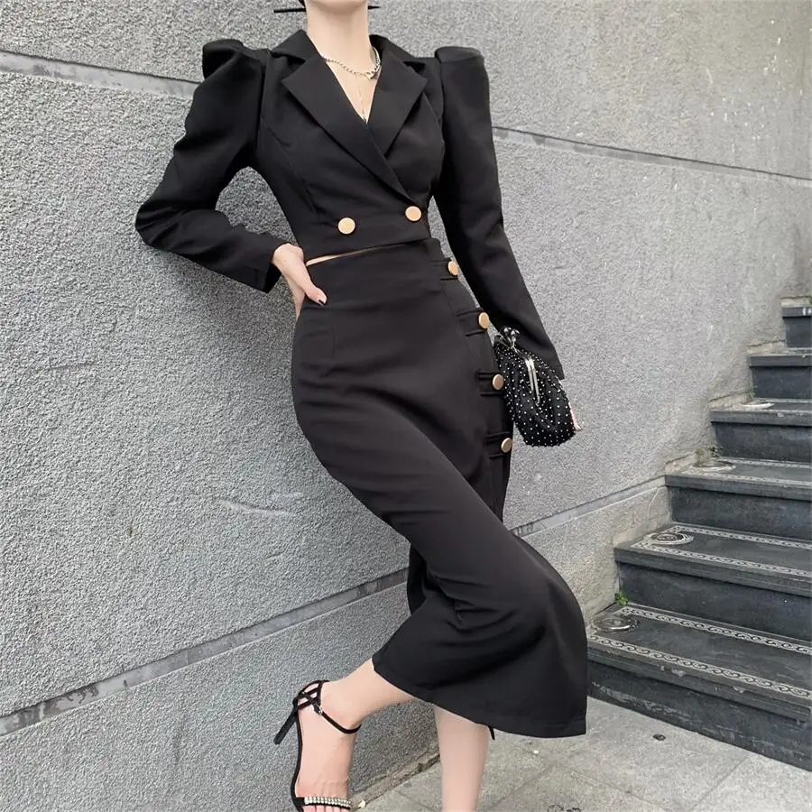 New Arrival Fashion Autumn Women OL Temperament black Crop Top + Sexy Split Midi Skirt Slim Skirt Suits 2021