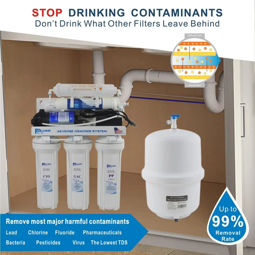 Filtro de água ro di, sistema de filtragem de água por osmose reversa, deionização doméstica, 6 estágios, 50gpd, destilado puro