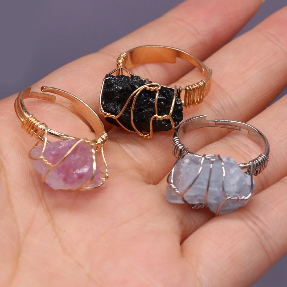 Natural Stone Crystal Rings Charm Gold Color Wire Wrap Gem Stainless Steel Adjustable Finger Ring Jewelry Gift for Girlfriend