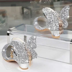 Princess Kids Leather Shoes For Girls Glitter Butterfly Knot Dress Party Children High Heel Csuals Shoe For kids Pink Silver