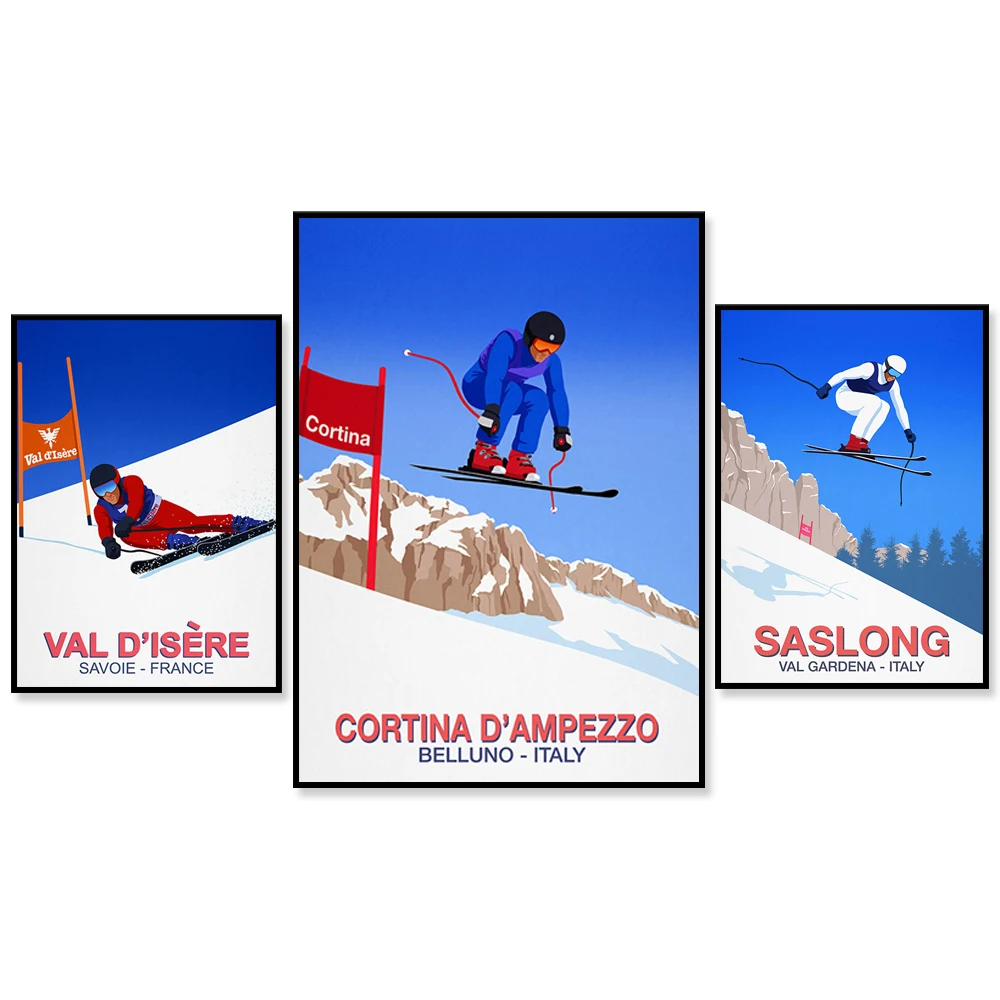 Winter Sports Skiing Art Poster Canvas Painting , Vintage Travel Poster Ski In Snow Mountain Print Winter Home Decor