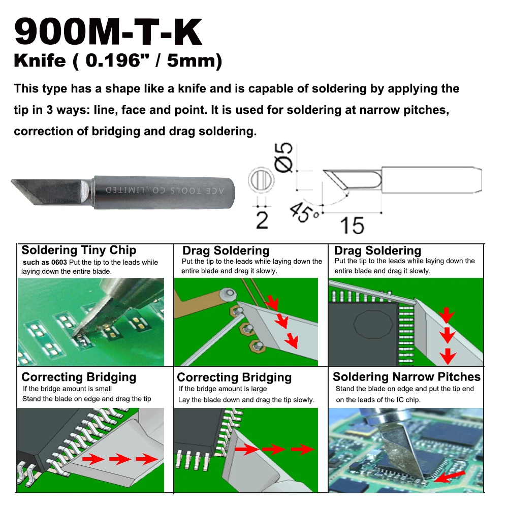Soldering Tip 900M-T-K Knife 4.7mm for Hakko 936 907 Milwaukee M12SI-0 Radio Shack 64-053 Yihua 936X-Tronics 3020 Iron Bit