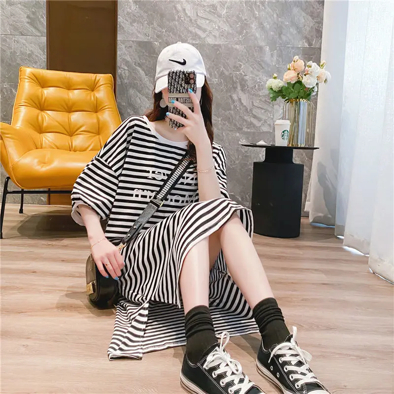 Spring Summer Mid-length Dress T-shirt Stripes Chic and Elegant Dresses for Women Korean Women\'s Clothes Harajuku Trendyol Basic