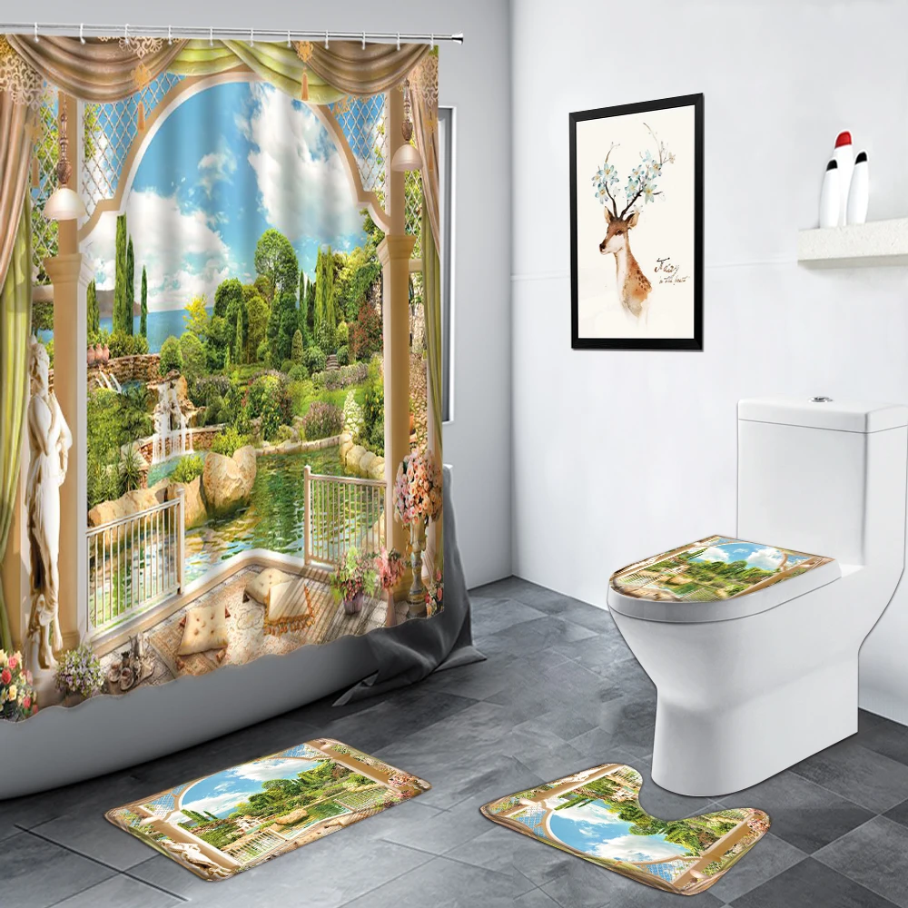 Beach Town Ocean Scenery Shower Curtain Set European Retro Oil Painting Bathroom Decor Carpet Non-slip Rug Toilet Cover Bath Mat