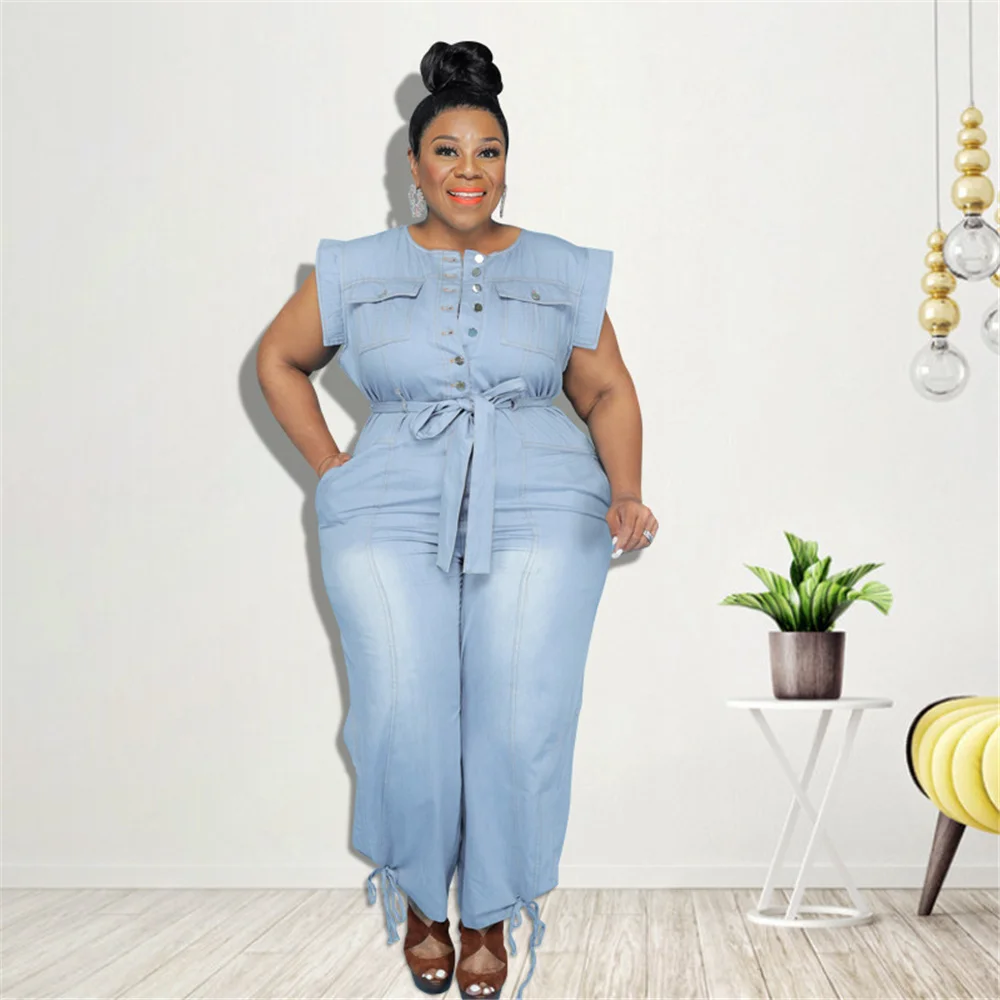 Tuta Plus Size abbigliamento donna Denim girocollo allacciato senza maniche pantaloni tasca Stretch body Dropshipping all'ingrosso