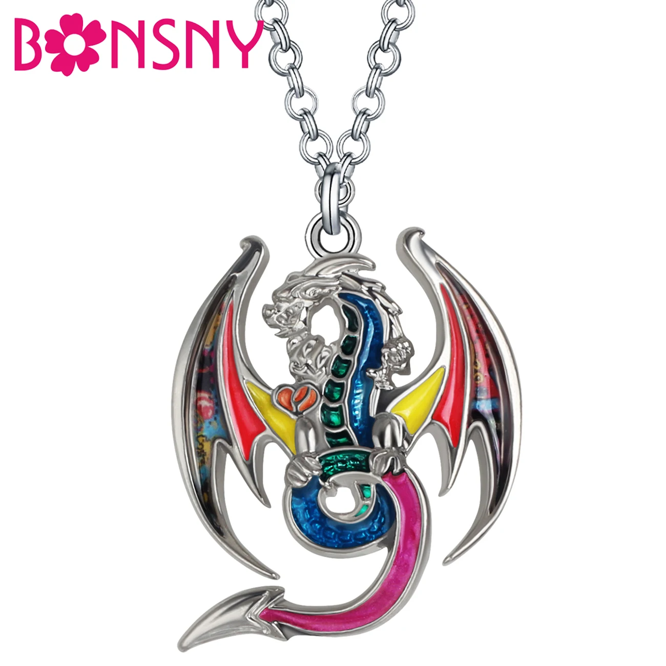 

BONSNY Enamel Alloy Cute Long Dinosaur Mythical Dragon Necklace Pendant Punk Chain Trendy Jewelry For Women Men Teens Charm Gift