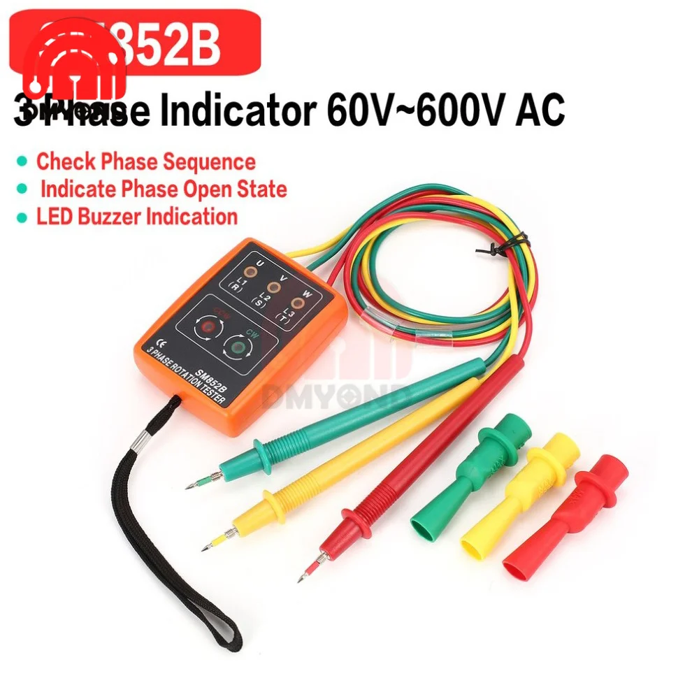 SM852B 3 60V~600V AC 3 Phase Rotation Tester Voltage Tester Digital Phase Indicator Detector LED Buzzer Phase Sequence Meter