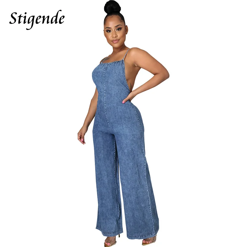 

Stigende Summer Spaghetti Strap Denim Jumpsuit Women Sexy Backless Back Zipper Loose Overalls Patchwork Wide Leg Jeans Pants