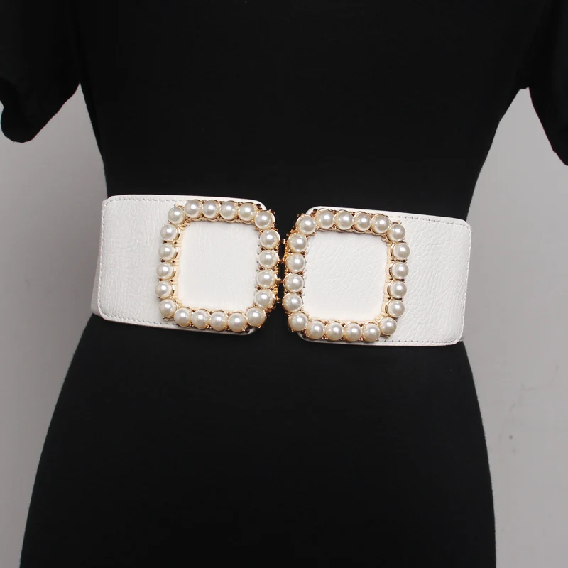 Dress waist cover women decorative skirt coat sweater elastic elastic fashion trend square imitation button pearl wide belt