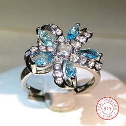 925 sterling silver pop flower zircon ring ladies jewelry blue and white zircon ring party birthday gift