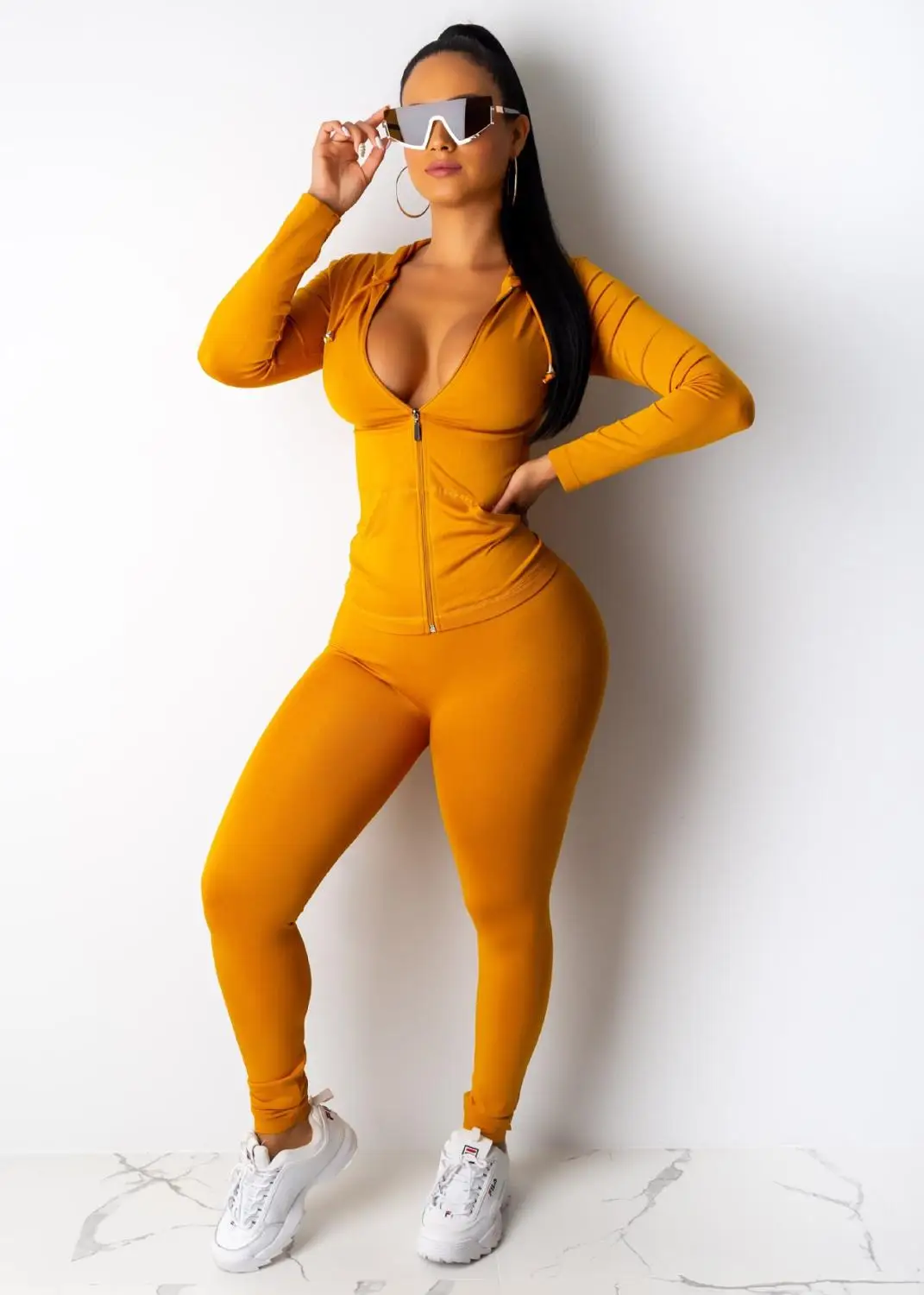 Jaqueta esportiva feminina manga comprida com zíper com capuz e leggings conjunto combinando, roupa de duas peças outono, roupas de treino elásticas